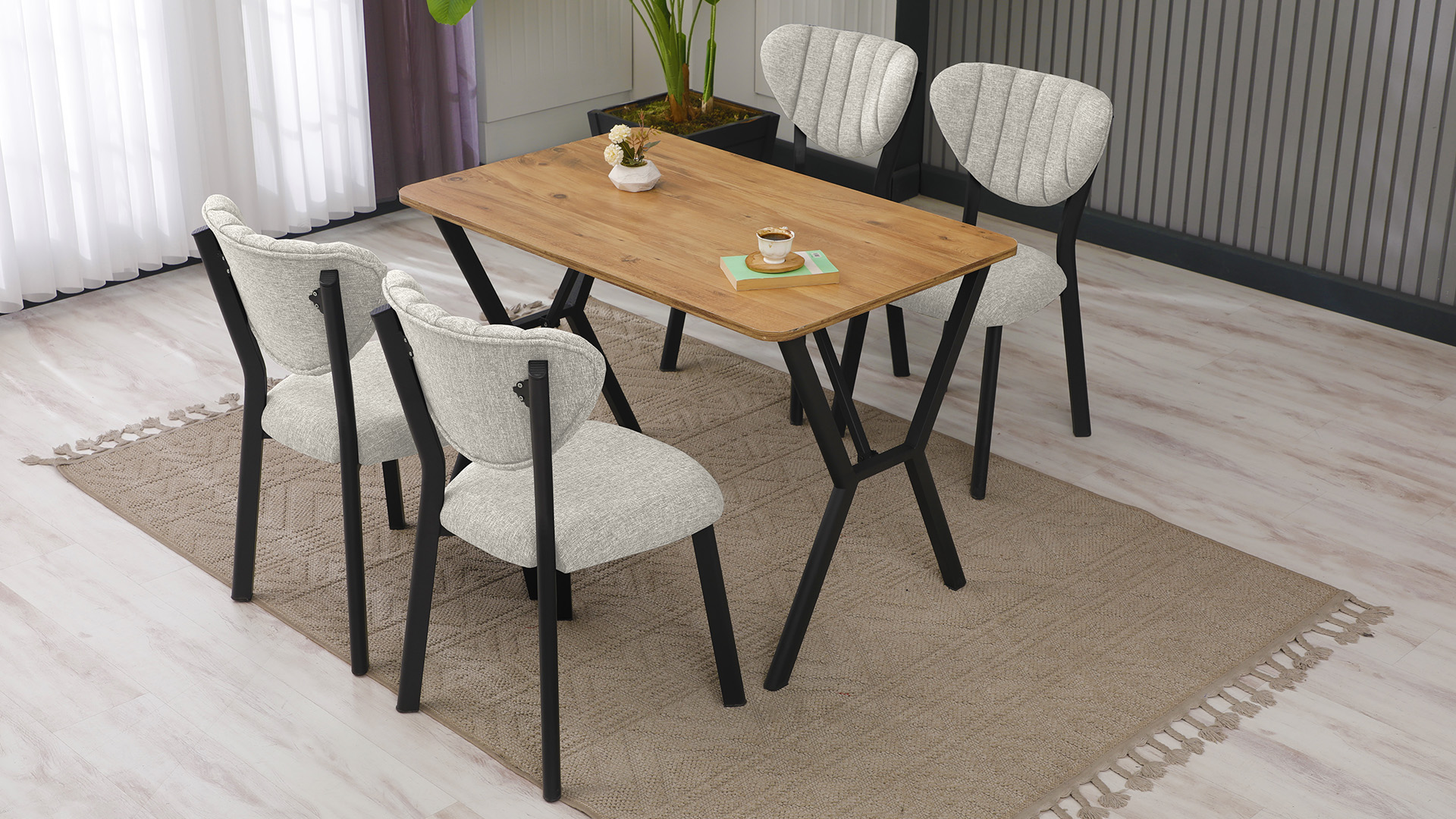 Elma Modeli Mutfak Masa Takımı 4 Sandalye Keten Kumaş Füme  1 Masa Ceviz