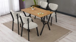 Elma Modeli Mutfak Masa Takımı 4 Sandalye Keten Kumaş Füme  1 Masa Ceviz