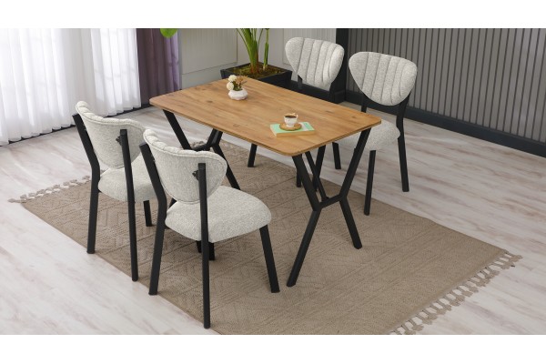 Elma Modeli Mutfak Masa Takımı 4 Kişilik 4 Sandalye 1 Masa 70x110 cm Ceviz Keten Kumaş Krem