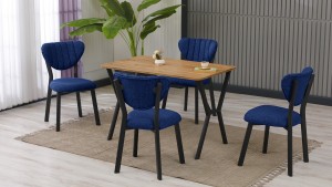 Elma Modeli Mutfak Masa Takımı 4 Sandalye Keten Kumaş Lacivert 1 Masa Ceviz