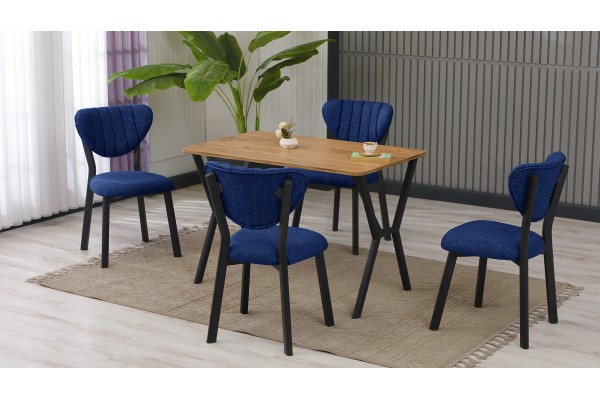 Elma Modeli Mutfak Masa Takımı 4 Kişilik 4 Sandalye 1 Masa 70x110 cm Ceviz Keten Kumaş Lacivert