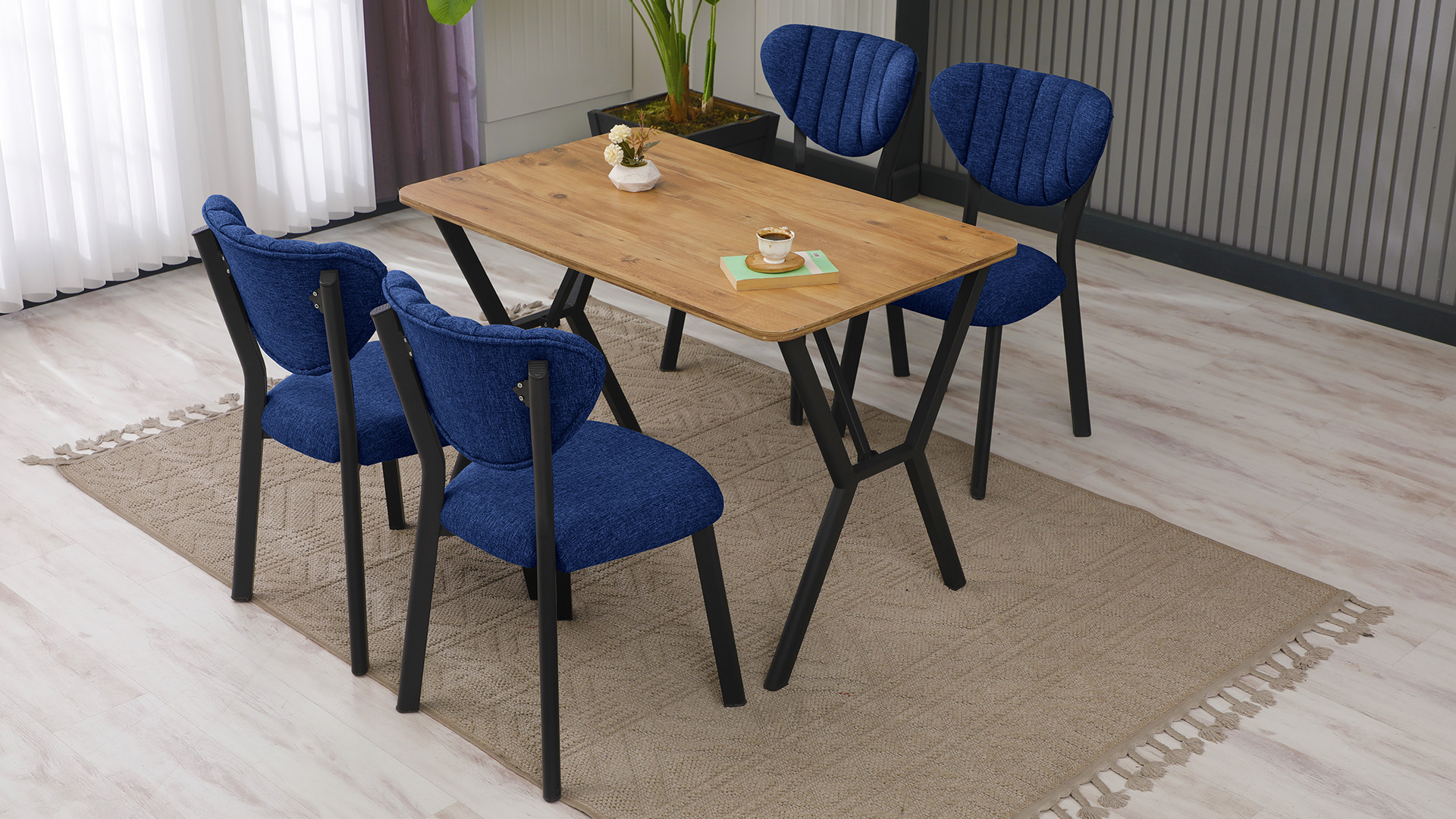 Elma Modeli Mutfak Masa Takımı 4 Sandalye Keten Kumaş Lacivert 1 Masa Ceviz