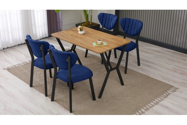 Elma Modeli Mutfak Masa Takımı 4 Kişilik 4 Sandalye 1 Masa 70x110 cm Ceviz Keten Kumaş Lacivert