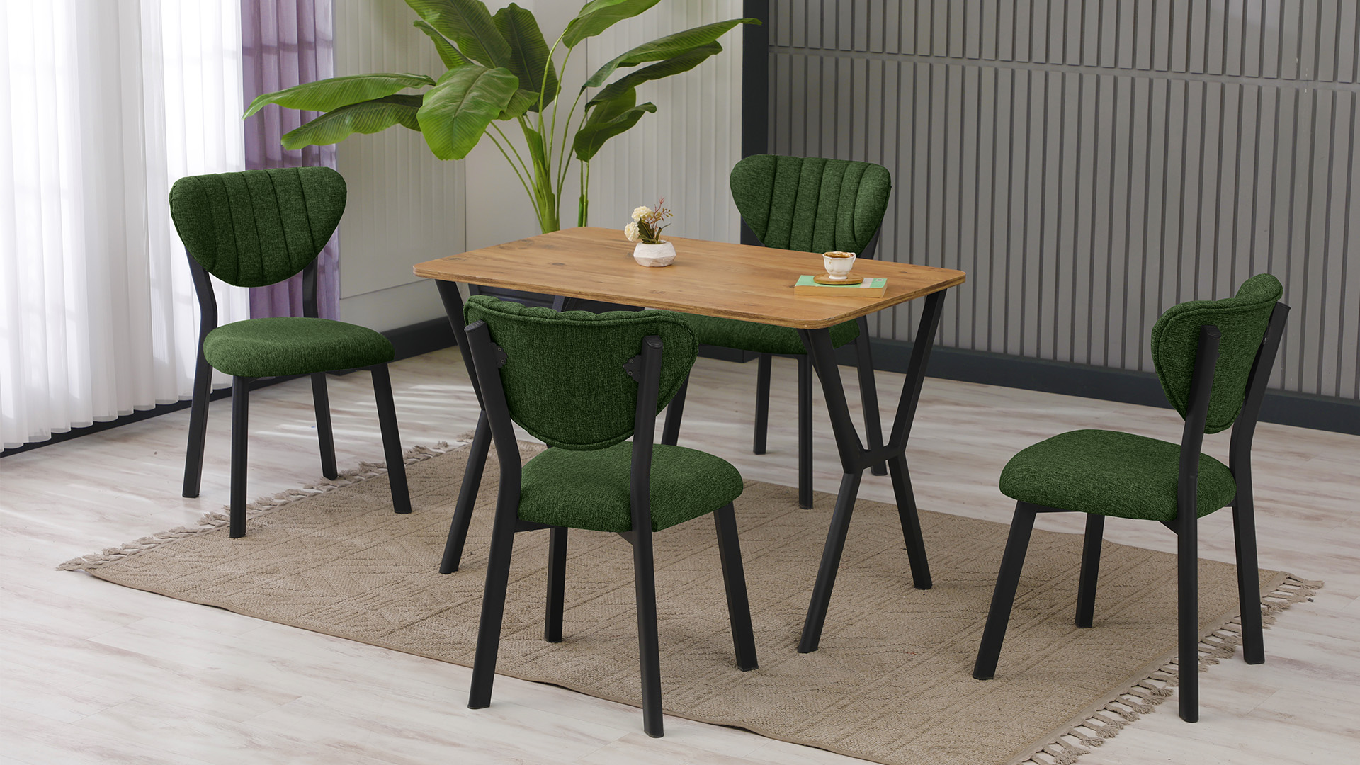 Elma Modeli Mutfak Masa Takımı 4 Sandalye Keten Kumaş Yeşil 1 Masa Ceviz