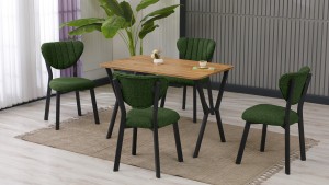 Elma Modeli Mutfak Masa Takımı 4 Sandalye Keten Kumaş Yeşil 1 Masa Ceviz