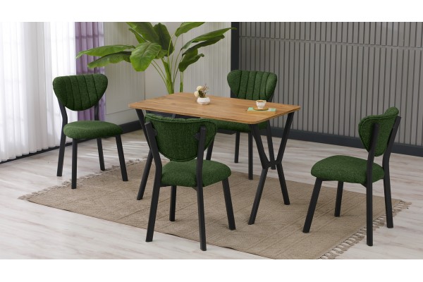 Elma Modeli Mutfak Masa Takımı 4 Kişilik 4 Sandalye 1 Masa 70x110 cm Ceviz Keten Kumaş Yeşil