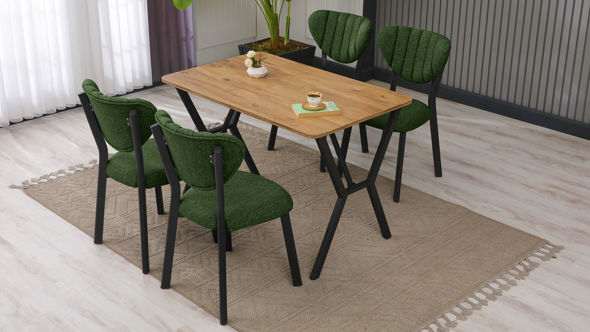 Elma Modeli Mutfak Masa Takımı 4 Sandalye Keten Kumaş Yeşil 1 Masa Ceviz