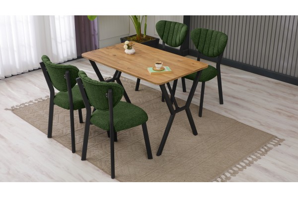 Elma Modeli Mutfak Masa Takımı 4 Kişilik 4 Sandalye 1 Masa 70x110 cm Ceviz Keten Kumaş Yeşil