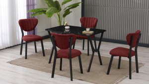 Elma Modeli Mutfak Masa Takımı 4 Sandalye Keten Kumaş Bordo  1 Masa Siyah Mermer Desenli