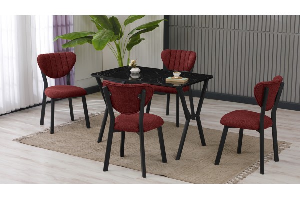 Elma Modeli Mutfak Masa Takımı 4 Kişilik 4 Sandalye 1 Masa 70x110 cm Siyah Mermer Desenli Keten Kumaş Bordo