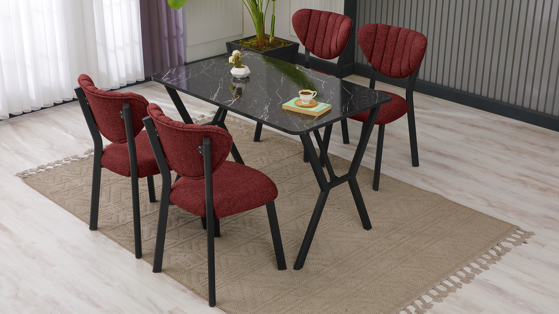 Elma Modeli Mutfak Masa Takımı 4 Sandalye Keten Kumaş Bordo  1 Masa Siyah Mermer Desenli