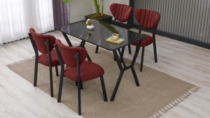 Elma Modeli Mutfak Masa Takımı 4 Sandalye Keten Kumaş Bordo  1 Masa Siyah Mermer Desenli