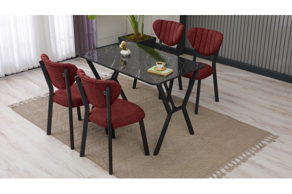Elma Modeli Mutfak Masa Takımı 4 Kişilik 4 Sandalye 1 Masa 70x110 cm Siyah Mermer Desenli Keten Kumaş Bordo