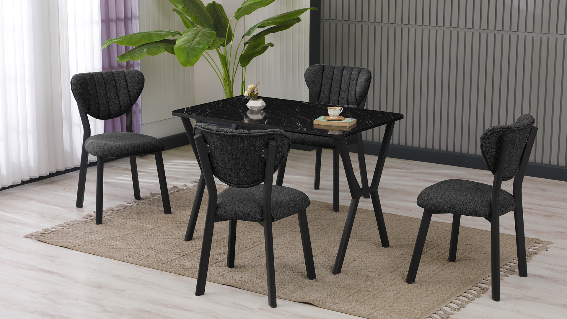 Elma Modeli Mutfak Masa Takımı 4 Sandalye Keten Kumaş Füme  1 Masa Siyah Mermer Desenli