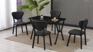 Elma Modeli Mutfak Masa Takımı 4 Sandalye Keten Kumaş Füme  1 Masa Siyah Mermer Desenli