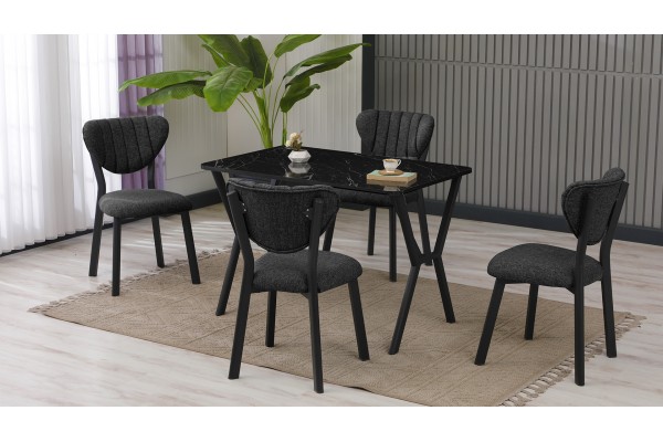 Elma Modeli Mutfak Masa Takımı 4 Kişilik 4 Sandalye 1 Masa 70x110 cm Siyah Mermer Desenli Keten Kumaş Füme