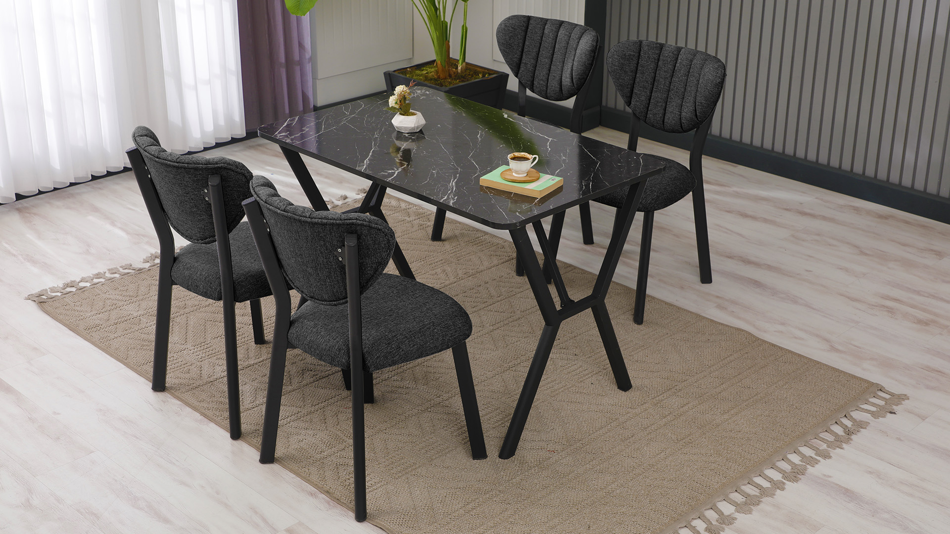 Elma Modeli Mutfak Masa Takımı 4 Sandalye Keten Kumaş Füme  1 Masa Siyah Mermer Desenli