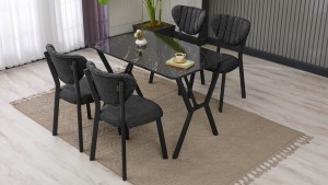 Elma Modeli Mutfak Masa Takımı 4 Sandalye Keten Kumaş Füme  1 Masa Siyah Mermer Desenli
