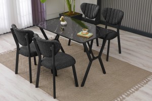 Elma 4 Sandalyeli Masa Takımı Füme Siyah Merme