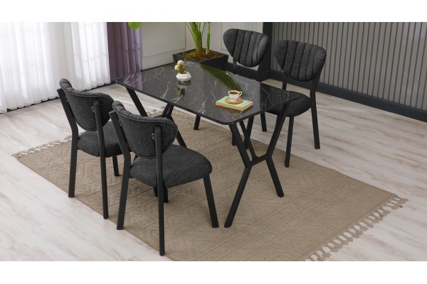 Elma Modeli Mutfak Masa Takımı 4 Kişilik 4 Sandalye 1 Masa 70x110 cm Siyah Mermer Desenli Keten Kumaş Füme