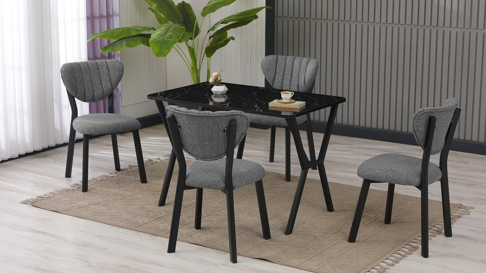 Elma Modeli Mutfak Masa Takımı 4 Sandalye Keten Kumaş Gri 1 Masa Ceviz