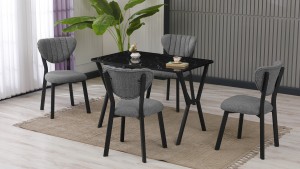 Elma Modeli Mutfak Masa Takımı 4 Sandalye Keten Kumaş Gri 1 Masa Ceviz