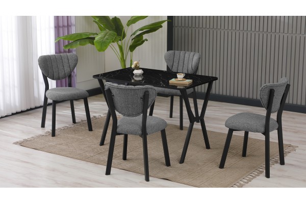 Elma Modeli Mutfak Masa Takımı 4 Kişilik 4 Sandalye 1 Masa 70x110 cm Siyah Mermer Desenli Keten Kumaş Gri