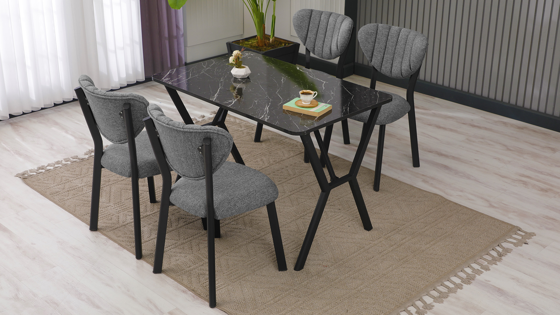 Elma Modeli Mutfak Masa Takımı 4 Sandalye Keten Kumaş Gri 1 Masa Ceviz