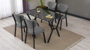 Elma Modeli Mutfak Masa Takımı 4 Sandalye Keten Kumaş Gri 1 Masa Ceviz