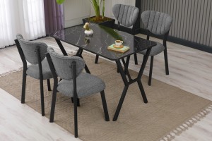 Elma 4 Sandalyeli Masa Takımı Gri Siyah Mermer