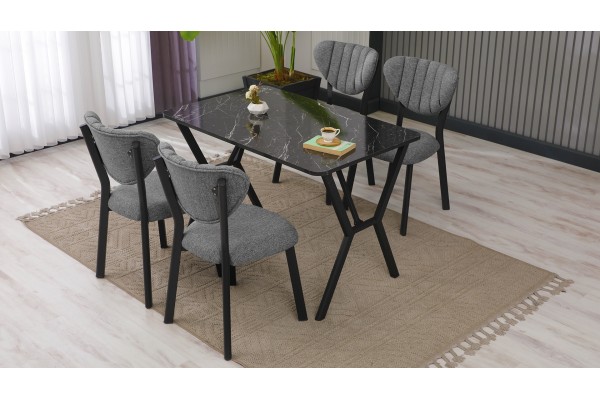Elma Modeli Mutfak Masa Takımı 4 Kişilik 4 Sandalye 1 Masa 70x110 cm Siyah Mermer Desenli Keten Kumaş Gri