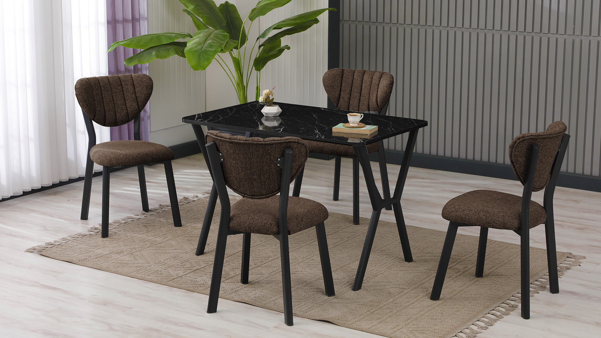 Elma Modeli Mutfak Masa Takımı 4 Sandalye Keten Kumaş Kahve  1 Masa Siyah Mermer Desenli