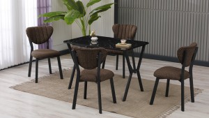 Elma Modeli Mutfak Masa Takımı 4 Sandalye Keten Kumaş Kahve  1 Masa Siyah Mermer Desenli