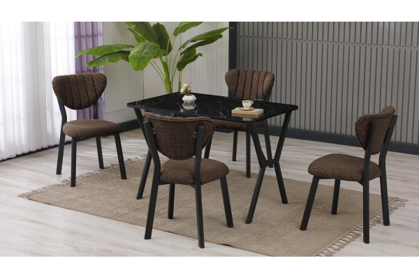 Elma Modeli Mutfak Masa Takımı 4 Kişilik 4 Sandalye 1 Masa 70x110 cm Siyah Mermer Desenli Keten Kumaş Kahve