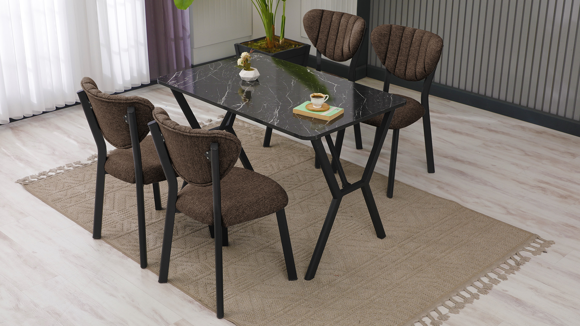 Elma Modeli Mutfak Masa Takımı 4 Sandalye Keten Kumaş Kahve  1 Masa Siyah Mermer Desenli