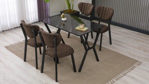 Elma Modeli Mutfak Masa Takımı 4 Sandalye Keten Kumaş Kahve  1 Masa Siyah Mermer Desenli