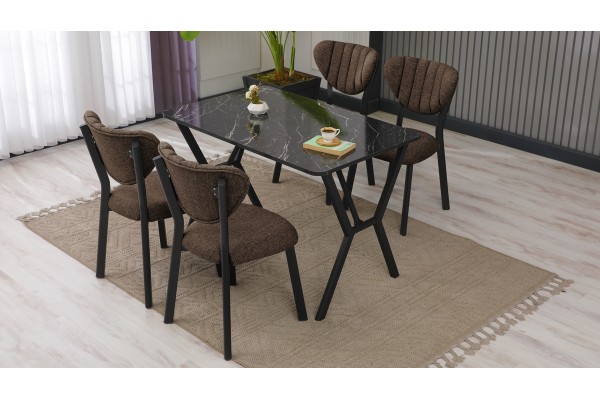 Elma Modeli Mutfak Masa Takımı 4 Kişilik 4 Sandalye 1 Masa 70x110 cm Siyah Mermer Desenli Keten Kumaş Kahve