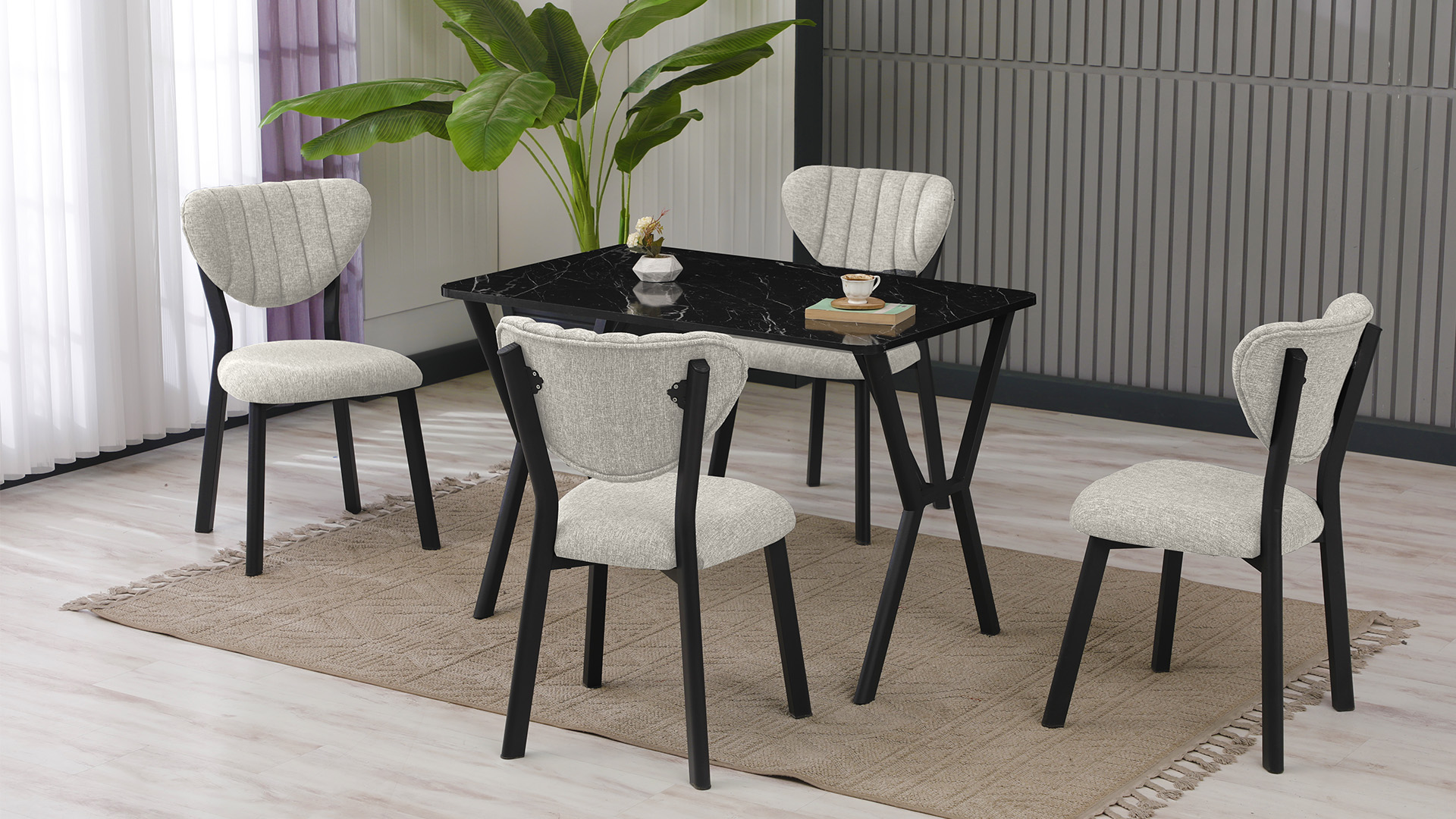 Elma Modeli Mutfak Masa Takımı 4 Sandalye Keten Kumaş Krem  1 Masa Siyah Mermer Desenli