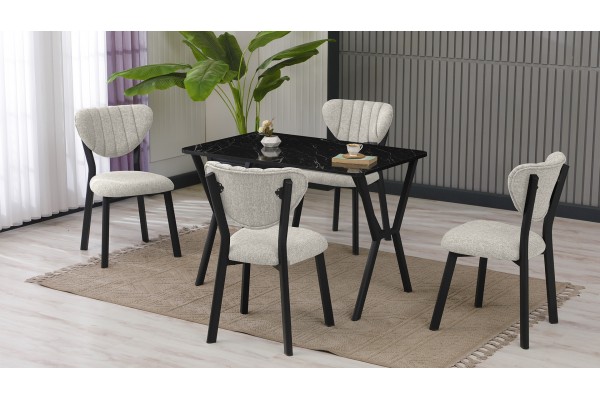 Elma Modeli Mutfak Masa Takımı 4 Kişilik 4 Sandalye 1 Masa 70x110 cm Siyah Mermer Desenli Keten Kumaş Krem