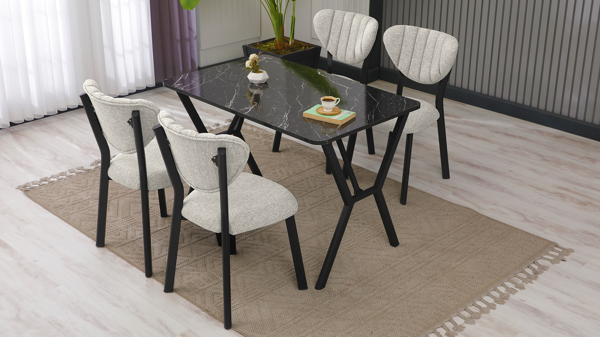 Elma Modeli Mutfak Masa Takımı 4 Sandalye Keten Kumaş Krem  1 Masa Siyah Mermer Desenli