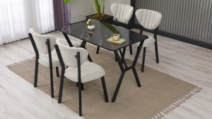 Elma Modeli Mutfak Masa Takımı 4 Sandalye Keten Kumaş Krem  1 Masa Siyah Mermer Desenli