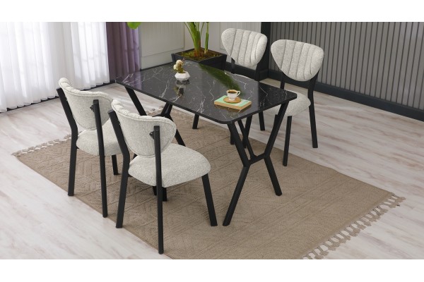 Elma Modeli Mutfak Masa Takımı 4 Kişilik 4 Sandalye 1 Masa 70x110 cm Siyah Mermer Desenli Keten Kumaş Krem