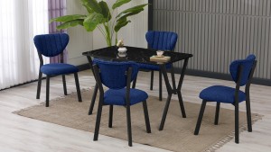 Elma Modeli Mutfak Masa Takımı 4 Sandalye Keten Kumaş Lacivert 1 Masa Siyah Mermer Desenli