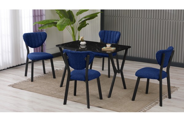Elma Modeli Mutfak Masa Takımı 4 Kişilik 4 Sandalye 1 Masa 70x110 cm Siyah Mermer Desenli Keten Kumaş Lacivert Elma Modeli Mutfak Masa Takımı 4 Kişilik 4 Sandalye 1 Masa 70x110 cm Siyah Mermer Desenli Keten Kumaş Lacivert