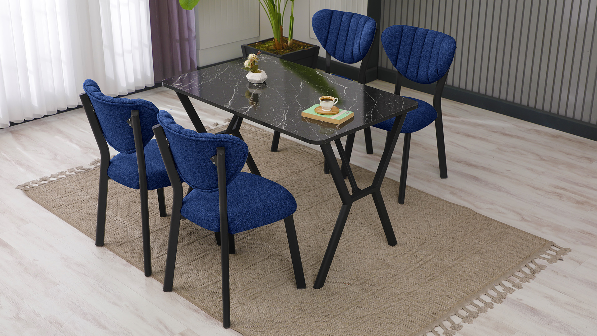 Elma Modeli Mutfak Masa Takımı 4 Sandalye Keten Kumaş Lacivert 1 Masa Siyah Mermer Desenli