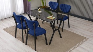 Elma Modeli Mutfak Masa Takımı 4 Sandalye Keten Kumaş Lacivert 1 Masa Siyah Mermer Desenli