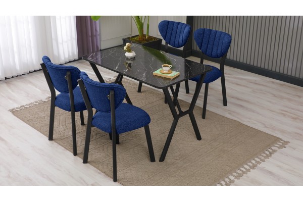 Elma Modeli Mutfak Masa Takımı 4 Kişilik 4 Sandalye 1 Masa 70x110 cm Siyah Mermer Desenli Keten Kumaş Lacivert