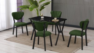 Elma Modeli Mutfak Masa Takımı 4 Sandalye Keten Kumaş Yeşil 1 Masa Siyah Mermer Desenli