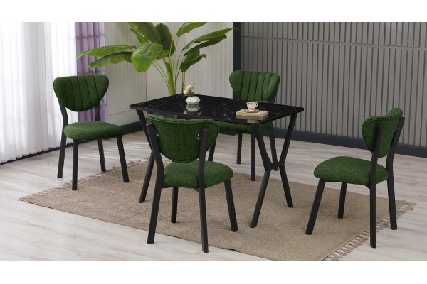 Elma Modeli Mutfak Masa Takımı 4 Kişilik 4 Sandalye 1 Masa 70x110 cm Siyah Mermer Desenli Keten Kumaş Yeşil Elma Modeli Mutfak Masa Takımı 4 Kişilik 4 Sandalye 1 Masa 70x110 cm Siyah Mermer Desenli Keten Kumaş Yeşil