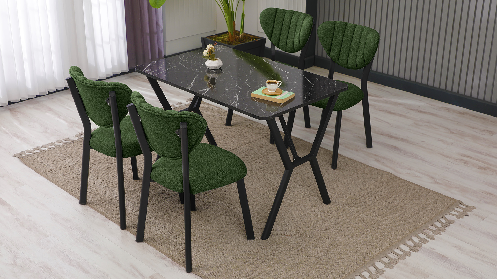Elma Modeli Mutfak Masa Takımı 4 Sandalye Keten Kumaş Yeşil 1 Masa Siyah Mermer Desenli
